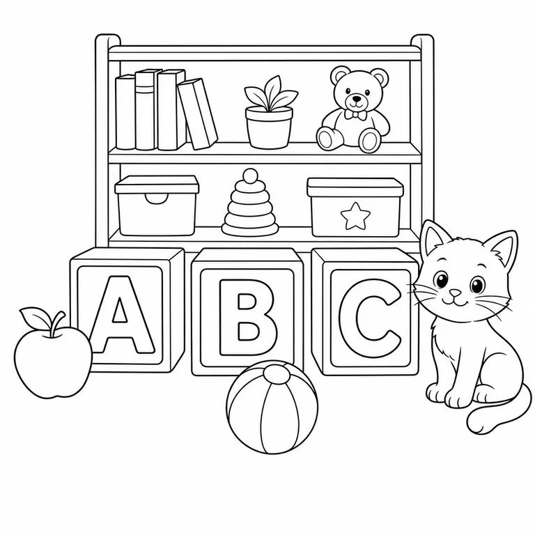 Toy blocks with uppercase A B C plus apple ball and cat, black and white printable coloring page for kids
