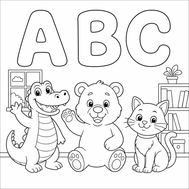 Uppercase A B C with alligator bear and cat in a classroom scene, black and white printable coloring page for kids
