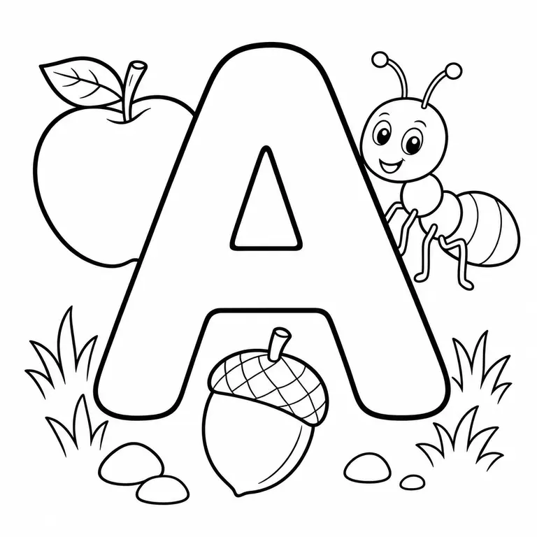 Large uppercase letter A with apple ant and acorn around it, black and white printable coloring page for kids