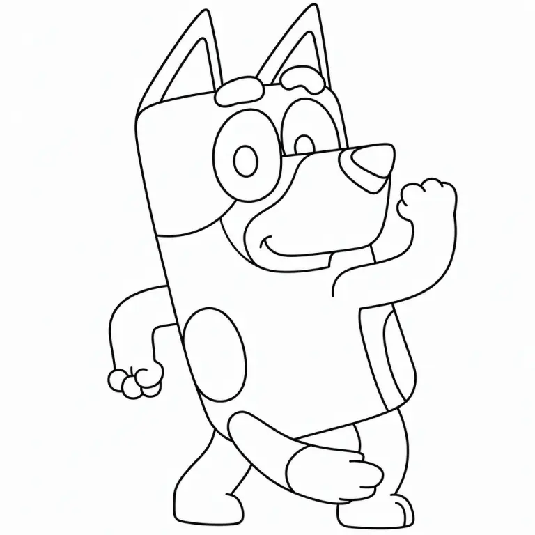 Bandit Heeler the dad blue cattle dog from Bluey, full body pose, black and white printable coloring page for kids