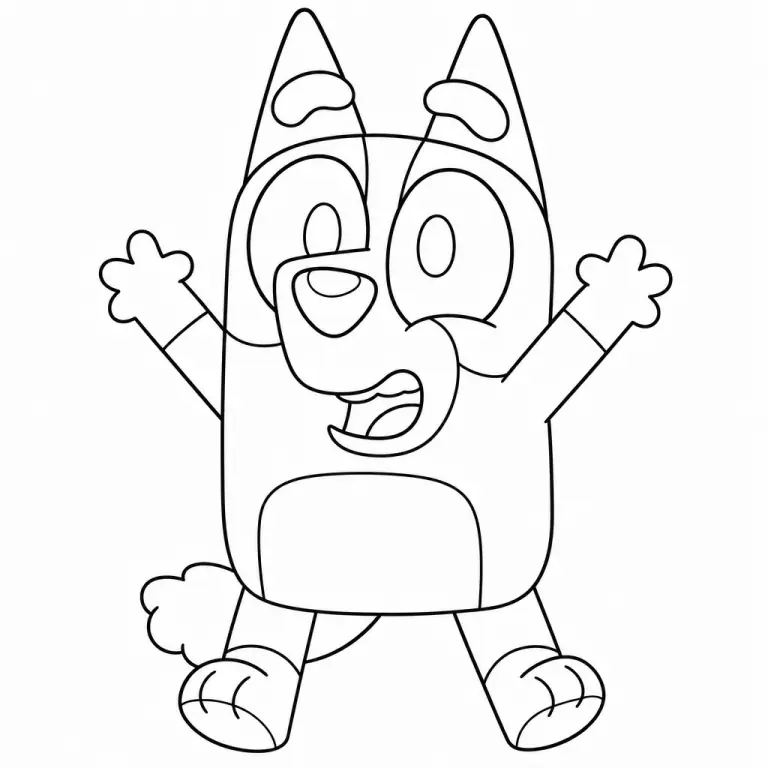 Bingo Heeler the red cattle dog and Bluey's little sister, full body pose with cute floppy ears, black and white printable coloring page for kids