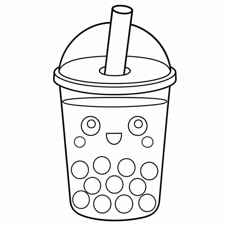 Matcha green tea boba cup with kawaii smiling face dome lid wide straw and round tapioca pearls inside, black and white printable bubble tea coloring page for kids