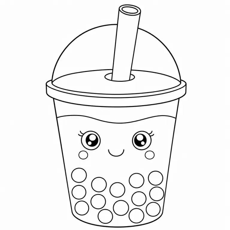 Taro bubble tea boba cup with kawaii smiling face dome lid wide straw and round tapioca pearls inside, black and white printable boba coloring page for kids