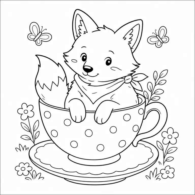 Cottagecore cute fox sitting with a tea cup, soft simple illustration, black and white printable coloring page for kids