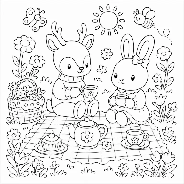 Cottagecore tea party scene with cute animals together, gentle illustration in Bobbie-Goods style, black and white printable coloring page for kids
