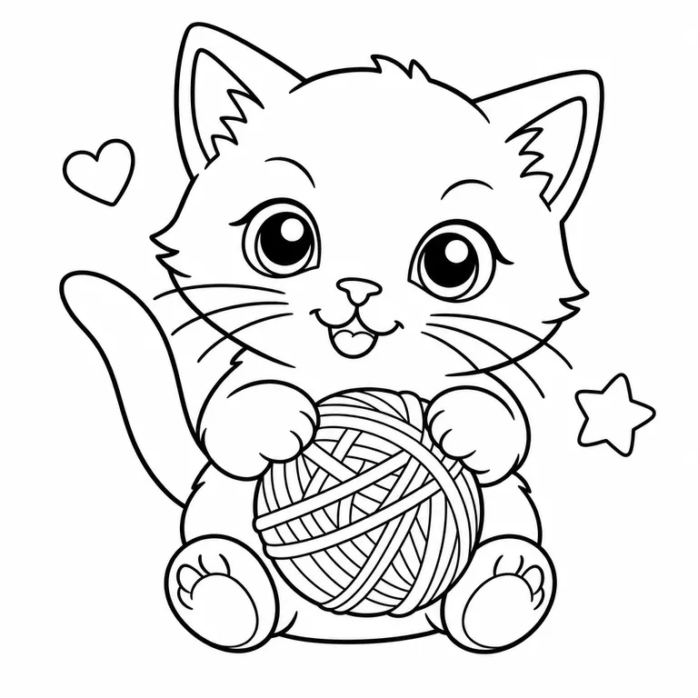 Happy fluffy kitten hugging a big ball of yarn with a heart and a star, black and white printable coloring page for kids