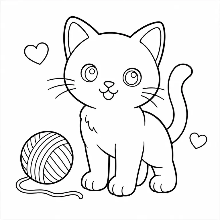 Friendly cat standing on all four paws beside a ball of yarn with little hearts, black and white printable coloring page for kids
