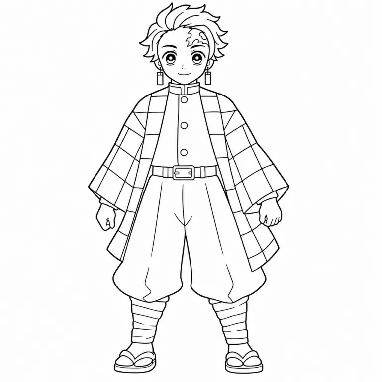 Tanjiro Kamado standing in his green and black checkered haori with hanafuda earrings, friendly calm pose, black and white printable Demon Slayer coloring page for kids
