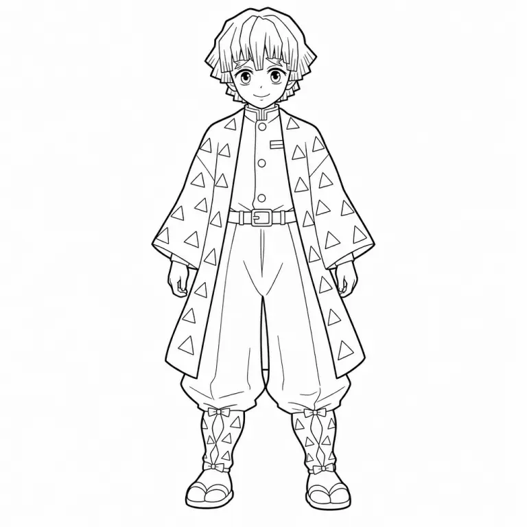 Zenitsu Agatsuma standing in his yellow and orange triangle scale-pattern haori with messy hair and shy expression, black and white printable Demon Slayer coloring page for kids