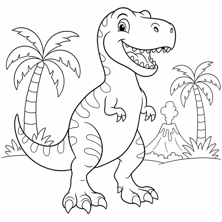 Friendly Tyrannosaurus rex with tiny arms palm trees and volcano, black and white printable coloring page for kids