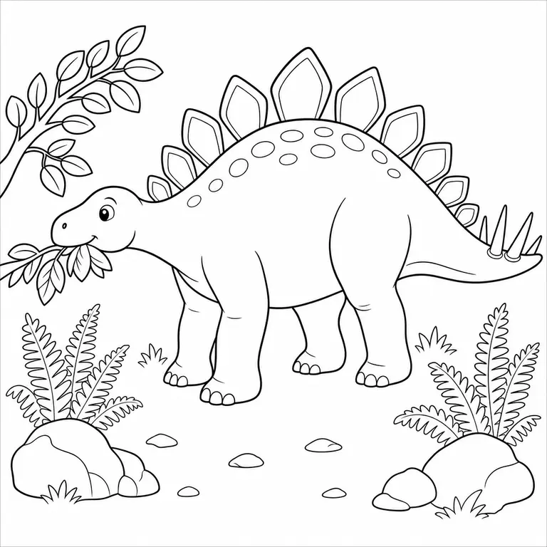 Stegosaurus eating leaves with back plates tail spikes rocks and ferns, black and white printable coloring page for kids