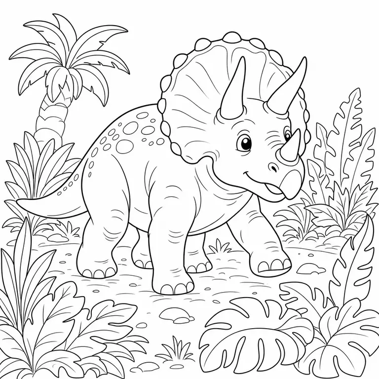 Triceratops walking through prehistoric plants with three horns and big frill, black and white printable coloring page for kids