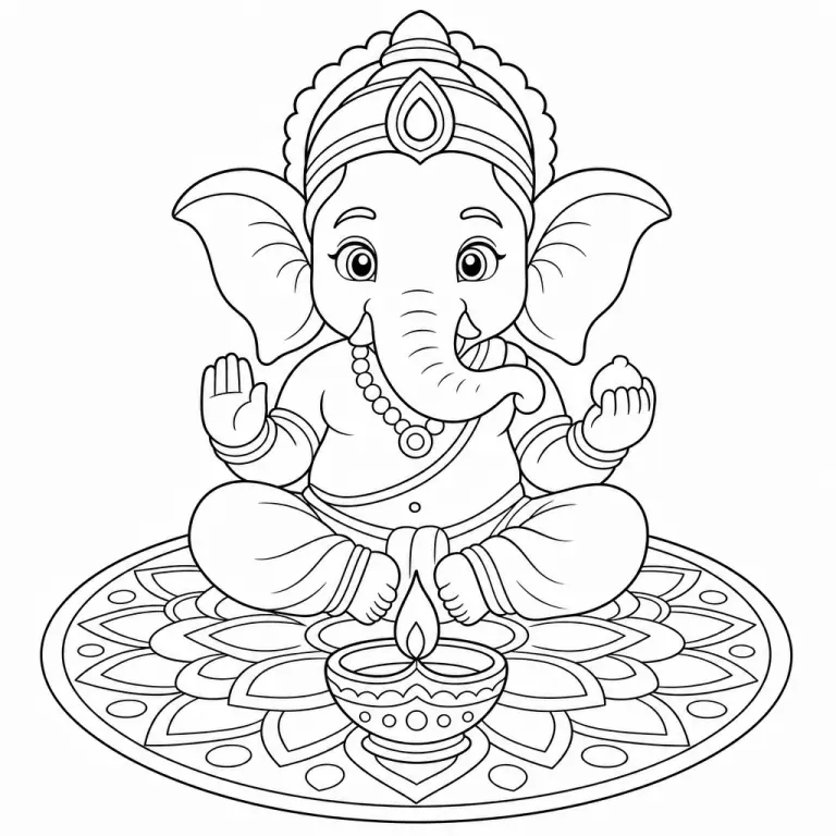 Ganesha the elephant-headed Hindu god sitting cross legged holding a small sweet with crown and lotus throne for Diwali, black and white printable Diwali coloring page for kids