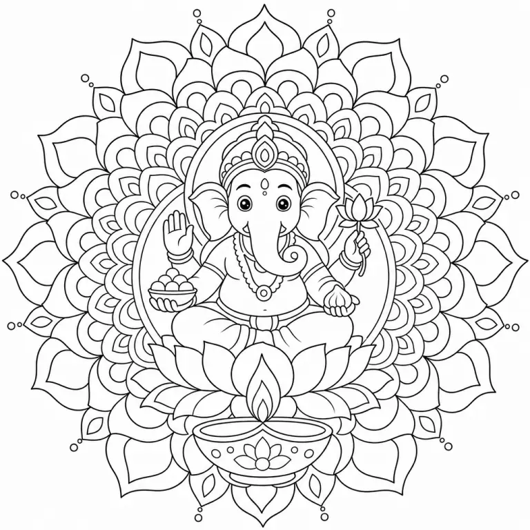 Symmetric circular rangoli floor pattern with lotus petals geometric mandala and dots around the edge for Diwali, black and white printable Diwali coloring page for kids