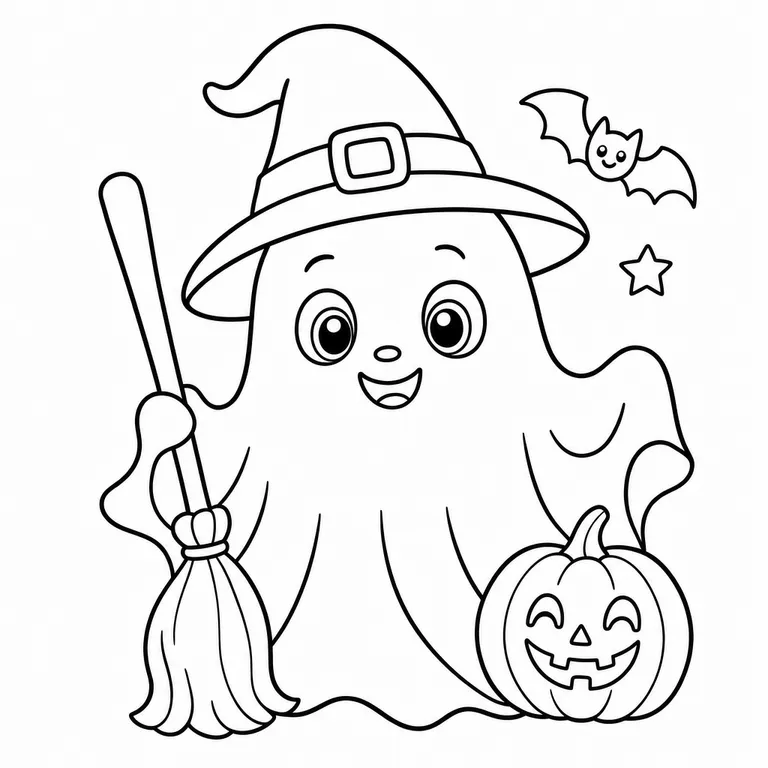 Friendly cartoon ghost in a witch hat holding a broom next to a smiling pumpkin and a little bat, black and white printable Halloween coloring page for kids