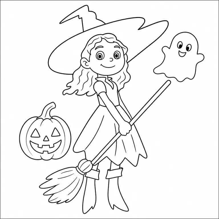Cute little witch girl in a pointed hat riding a broom with a jack-o'-lantern and a smiling ghost, black and white printable Halloween coloring page for kids
