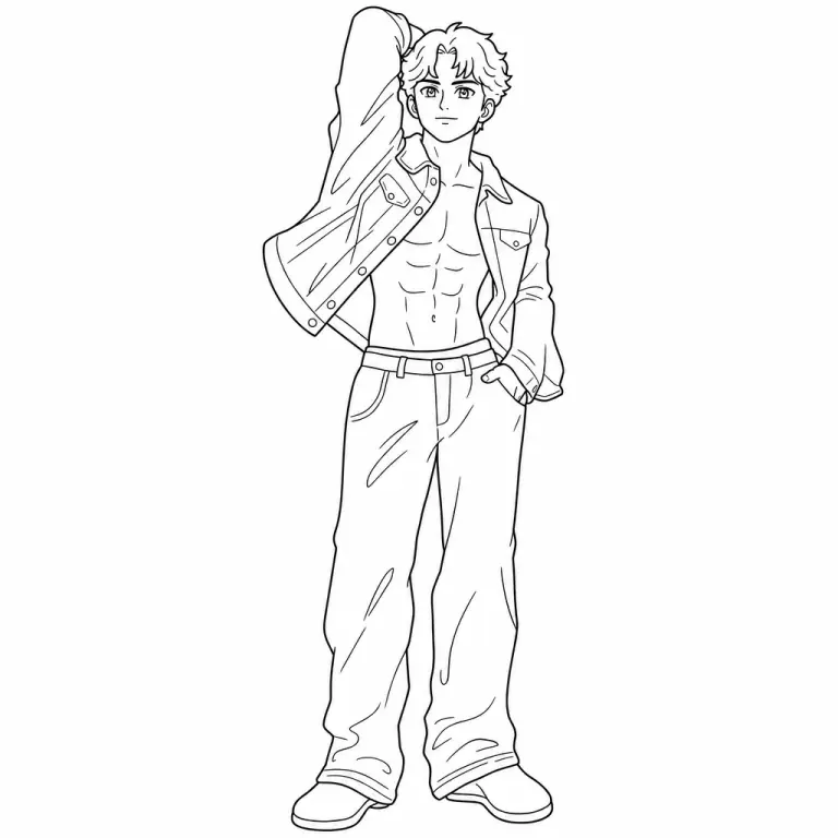 Abby from the Saja Boys in KPop Demon Hunters, full body pose showing his signature strong-member look with stage outfit, black and white printable coloring page for kids