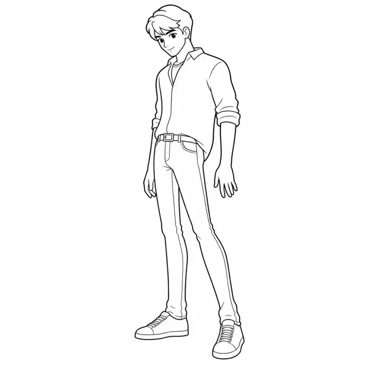 Baby from the Saja Boys in KPop Demon Hunters, full body youngest-member pose with cute hairstyle and stage outfit, black and white printable coloring page for kids