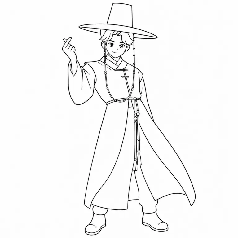 Jinu from KPop Demon Hunters with traditional Korean wide-brim gat hat and hanbok robe summoning a magical demon mark, black and white printable coloring page for kids