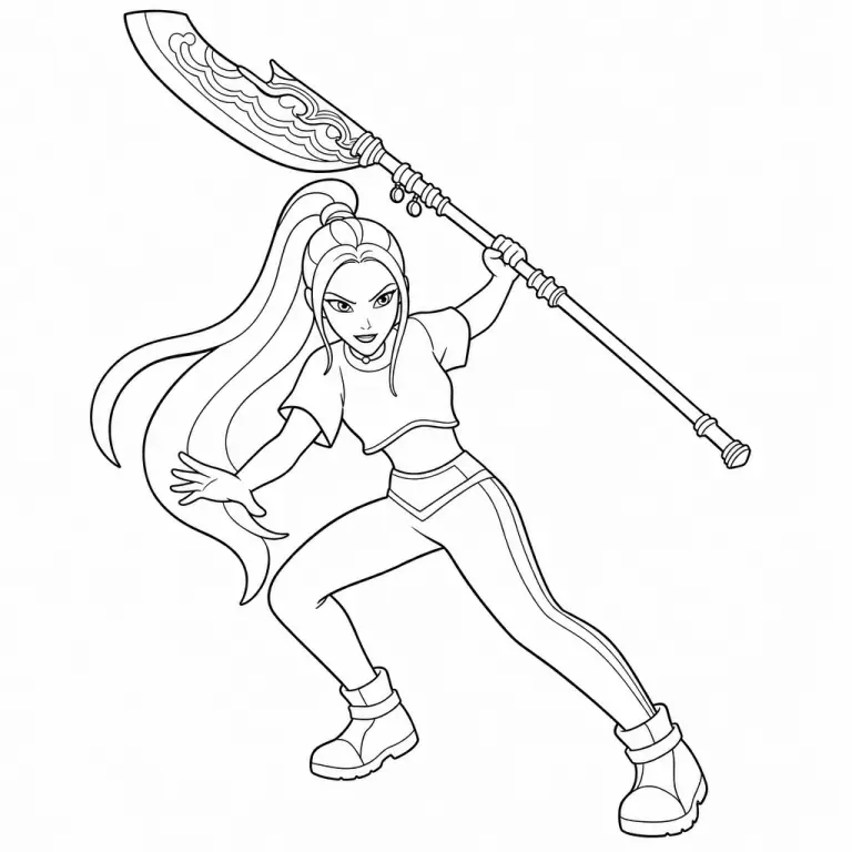 Mira from KPop Demon Hunters in dynamic action pose swinging her glaive weapon mid-fight, black and white printable coloring page for kids