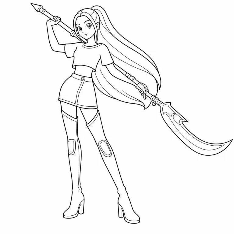 Mira from KPop Demon Hunters in full body fighting pose holding her signature glaive weapon, black and white printable coloring page for kids