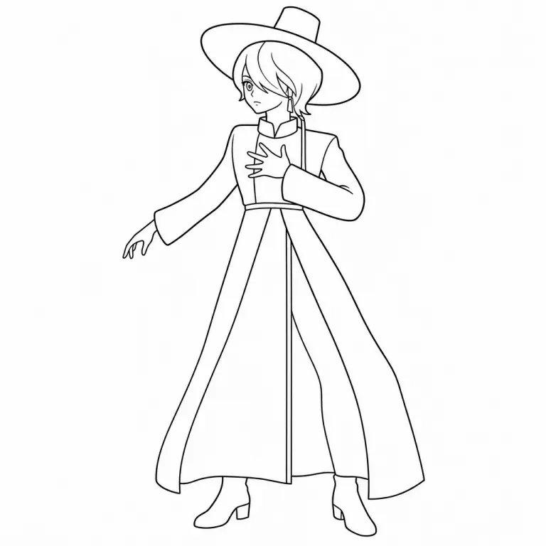 Mystery from the Saja Boys in KPop Demon Hunters, full body masked-member pose with hood and signature mystery look, black and white printable coloring page for kids