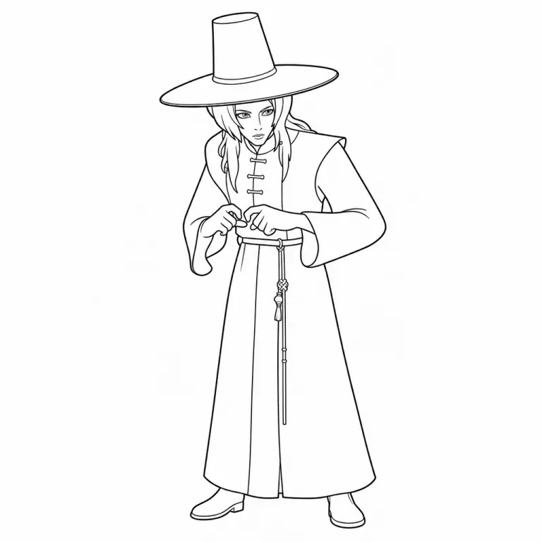 Romance from the Saja Boys in KPop Demon Hunters, full body charming-member pose with flowing hair and stylish stage outfit, black and white printable coloring page for kids