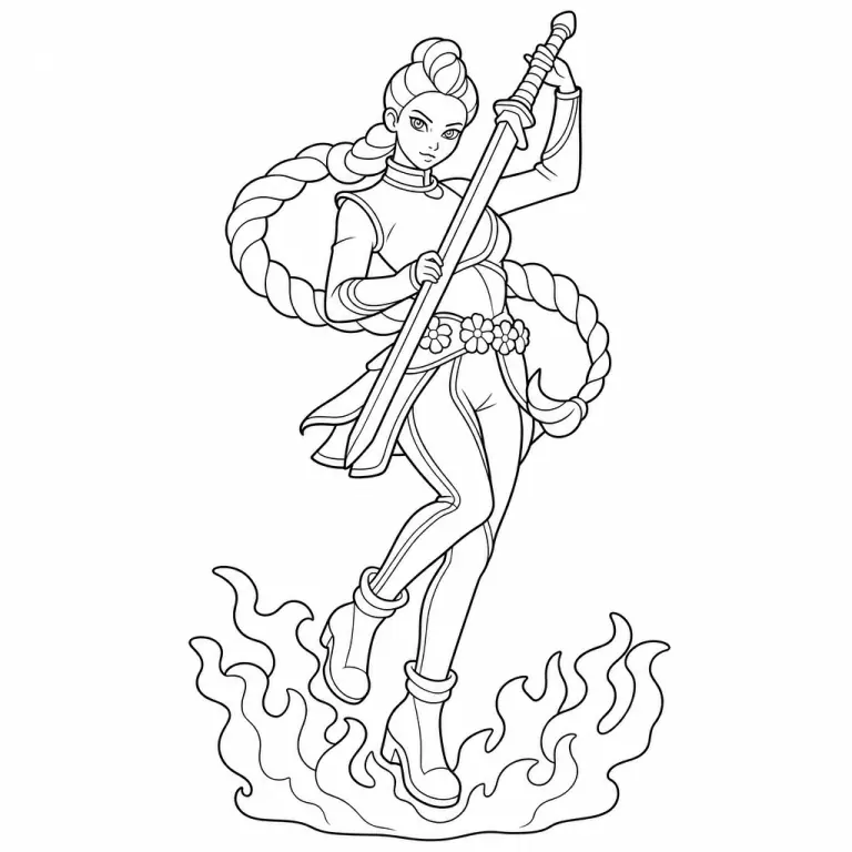 Rumi from KPop Demon Hunters in dynamic action pose mid-swing with her dagger raised fighting a demon, black and white printable coloring page for kids