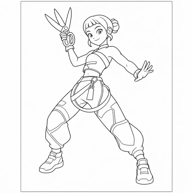 Zoey from KPop Demon Hunters in dynamic jumping kick action pose mid-fight, black and white printable coloring page for kids