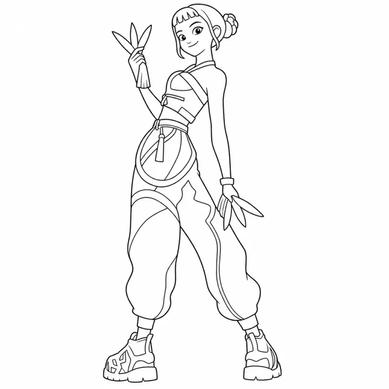 Zoey from KPop Demon Hunters with top knot bun making a peace sign in oversized cargo outfit, black and white printable coloring page for kids