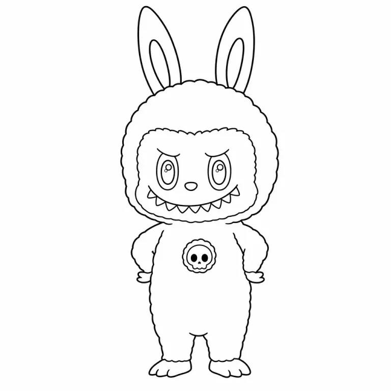 Big Labubu the larger size POP MART figure with pointy ears and jagged-tooth grin standing pose, black and white printable coloring page for kids