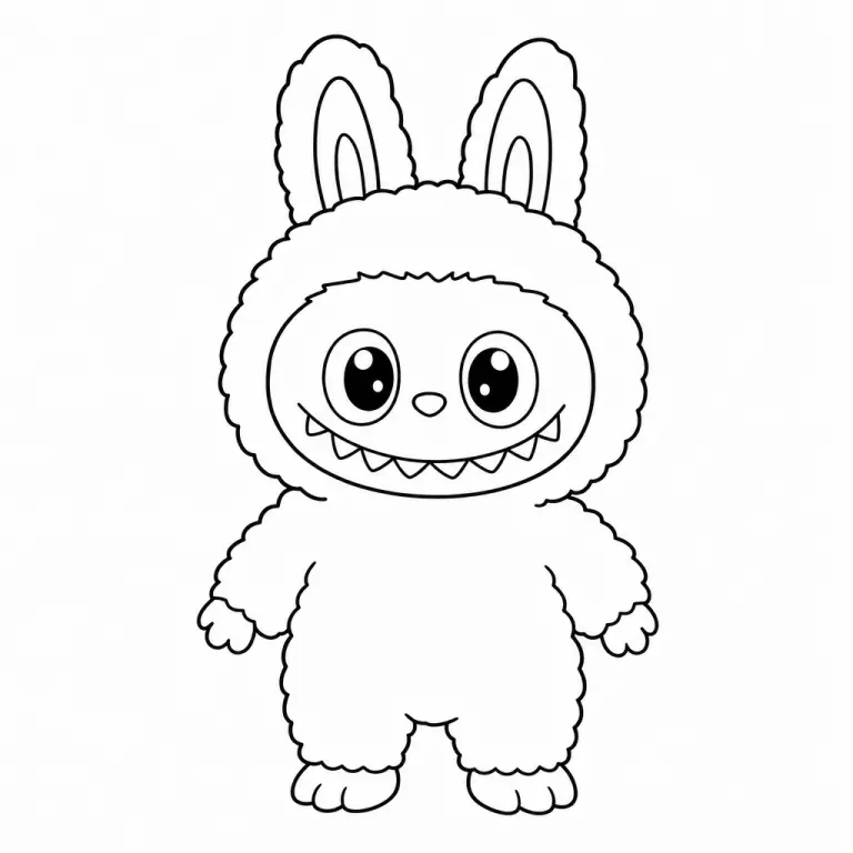 Labubu Have a Seat series sitting pose with signature pointy ears and toothy smile, black and white printable coloring page for kids