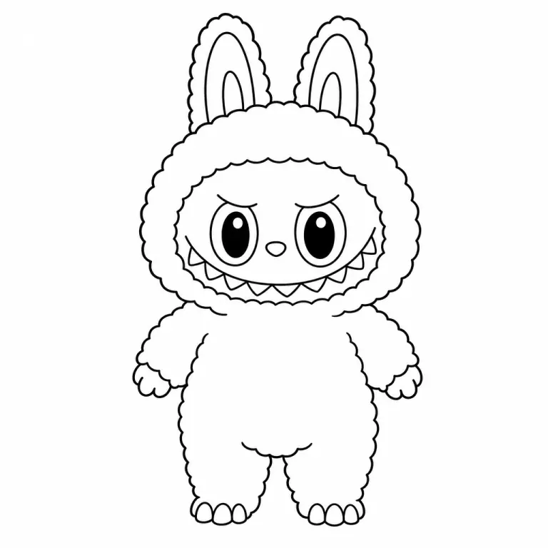Labubu Exciting Macaron series figure with pointy ears and jagged teeth, pastel colorway pose, black and white printable coloring page for kids
