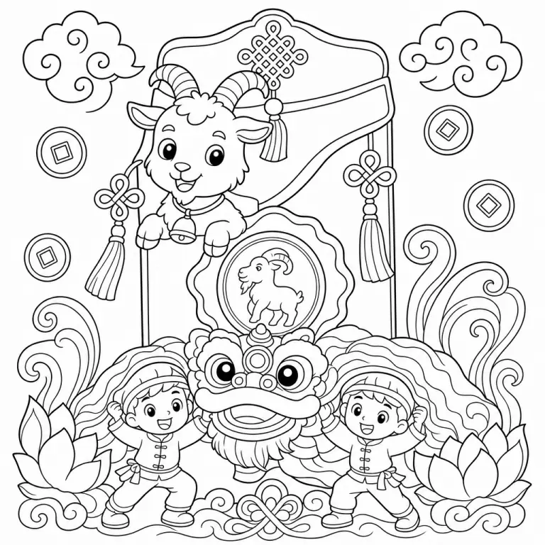 Traditional red envelope hongbao with gold coin and decorative tassel for Lunar New Year, black and white printable Lunar New Year coloring page for kids