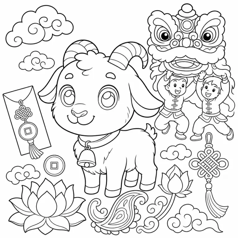 Cute fluffy cartoon goat with curled horns and small bell for the 2027 Year of the Goat zodiac, black and white printable Lunar New Year coloring page for kids