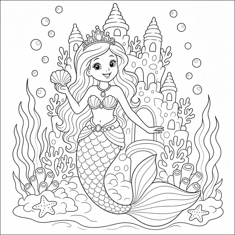 Mermaid princess in front of a coral castle with shell and bubbles, black and white printable coloring page for kids