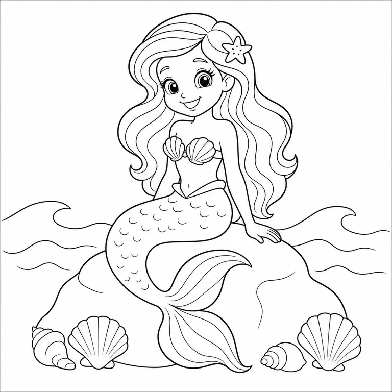 Friendly mermaid sitting on a rock with seashells waves and curled fish tail, black and white printable coloring page for kids