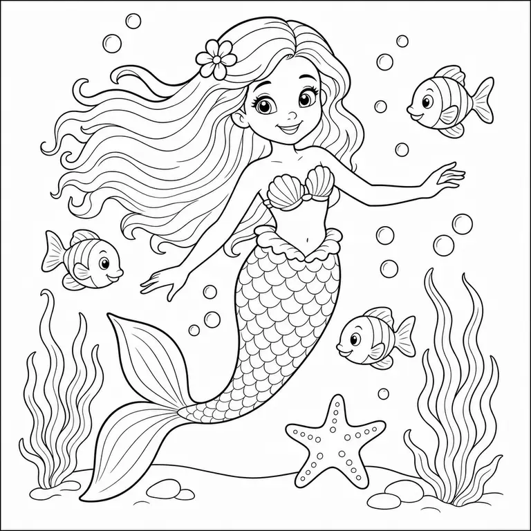 Mermaid swimming underwater with fish bubbles seaweed and starfish, black and white printable coloring page for kids