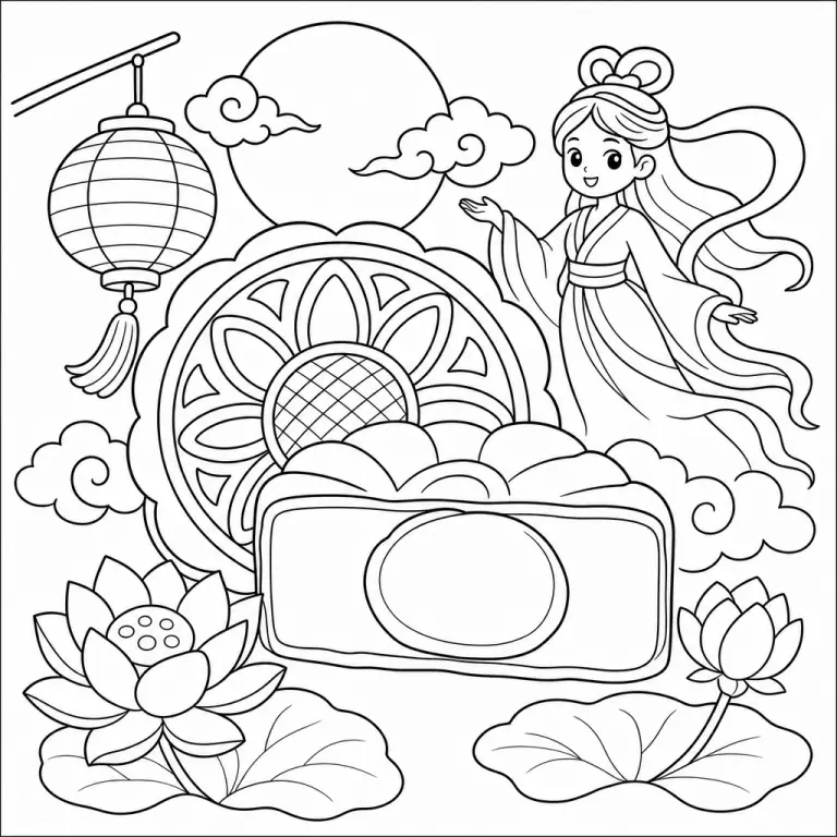 Traditional Chinese mooncake with lotus flowers paper lantern and moon goddess in background, black and white printable Mid-Autumn Festival coloring page for kids
