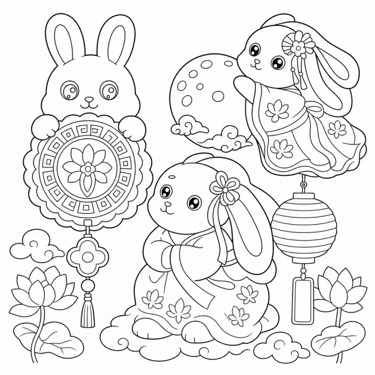 Three cute paper rabbit lanterns with lotus flowers and Chinese clouds, black and white printable Mid-Autumn Festival coloring page for kids