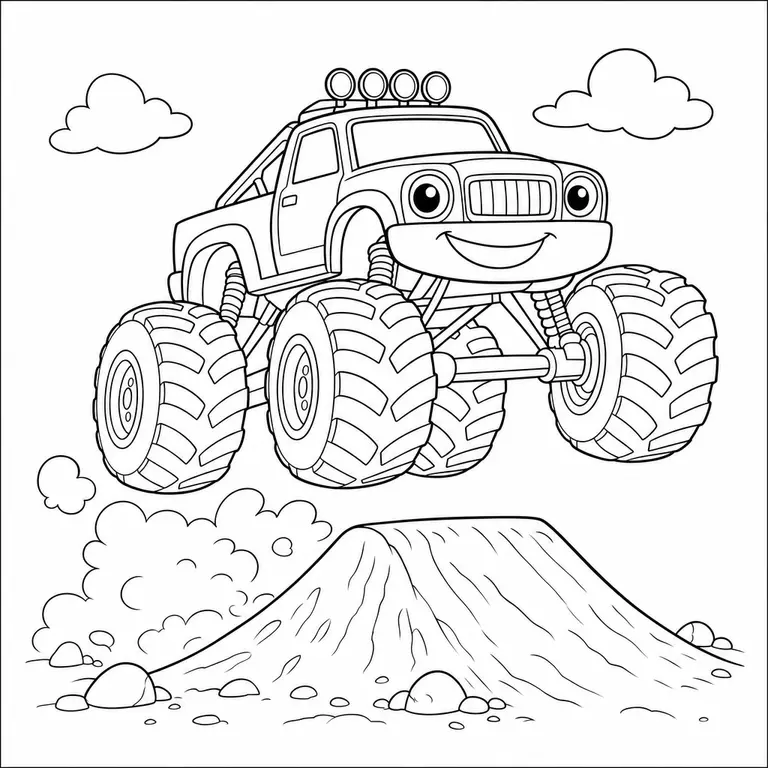 Monster truck jumping over a dirt ramp with giant tires and dust clouds, black and white printable coloring page for kids