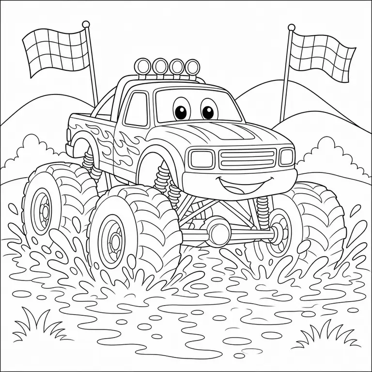 Monster truck driving through a muddy track with big tires and checkered flags, black and white printable coloring page for kids