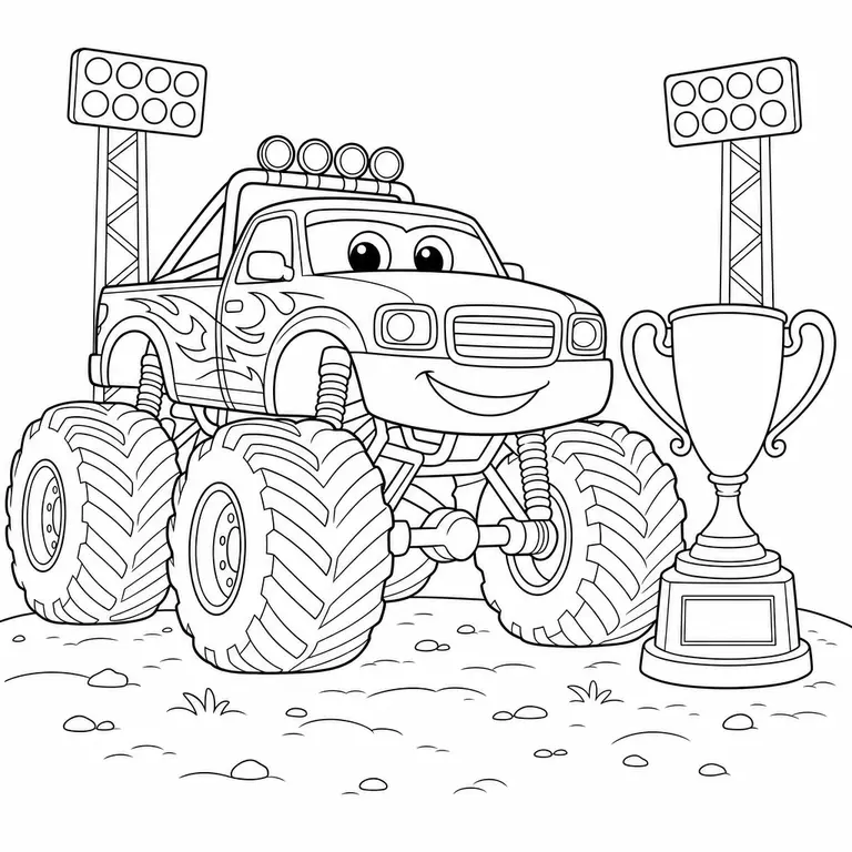 Monster truck parked beside a large trophy with stadium lights and flags, black and white printable coloring page for kids