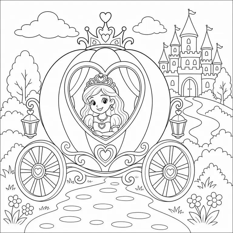 Royal princess carriage with big wheels castle path and princess in the window, black and white printable coloring page for kids