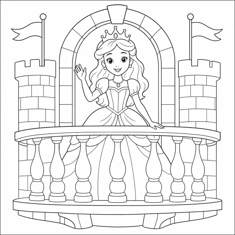 Princess waving from a castle balcony with crown and ball gown, black and white printable coloring page for kids