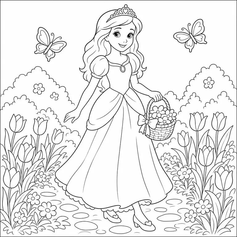 Princess walking through a flower garden with butterflies and a simple crown, black and white printable coloring page for kids