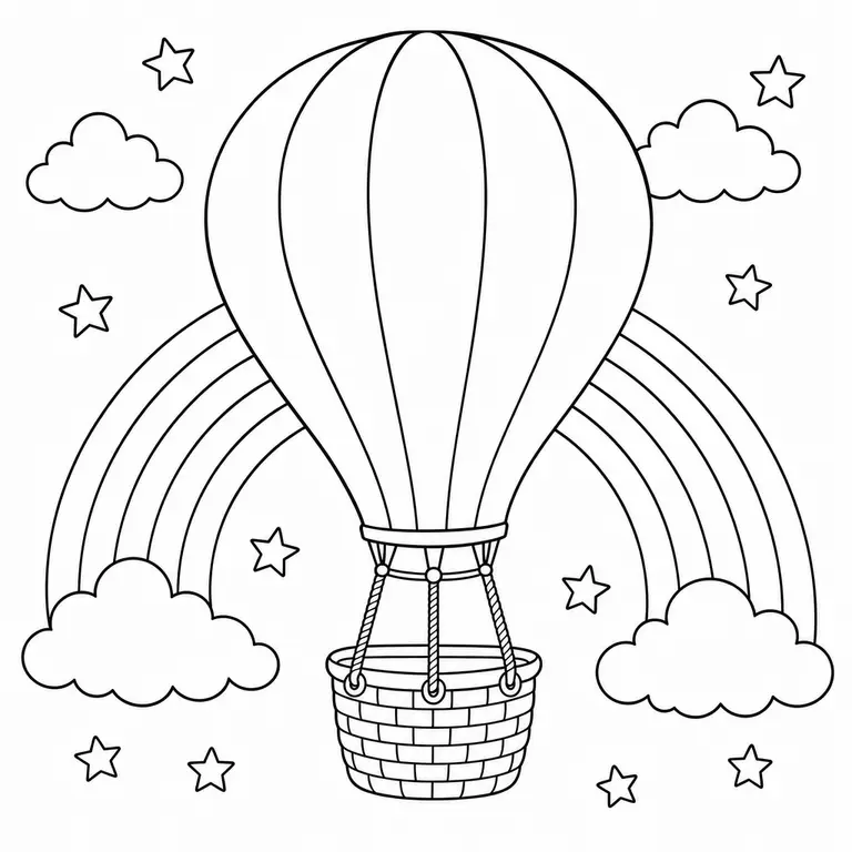 Hot air balloon floating in front of a rainbow with clouds and stars, black and white printable coloring page for kids