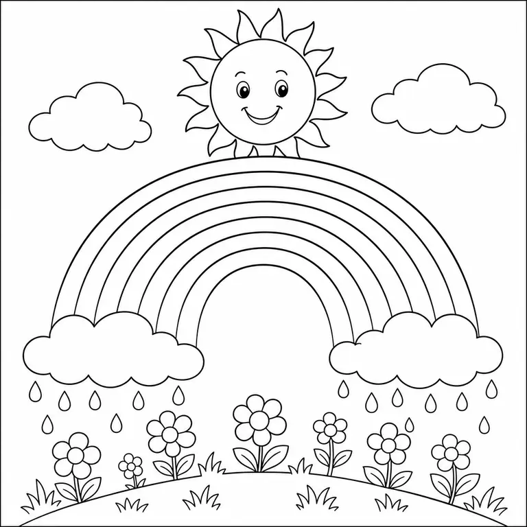 Large rainbow with puffy clouds smiling sun flowers and raindrops, black and white printable coloring page for kids