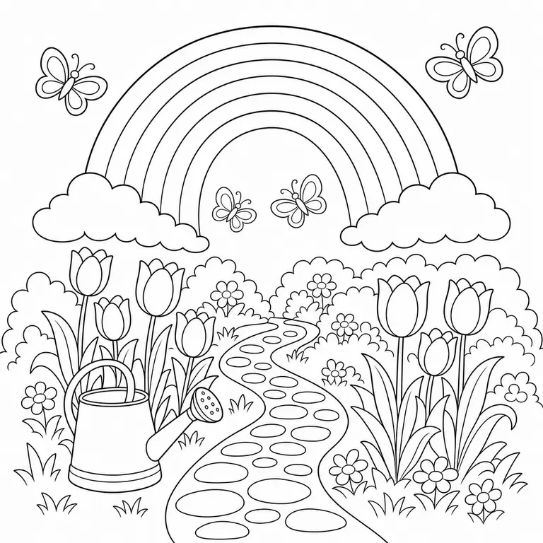 Rainbow over a garden path with tulips butterflies watering can and bushes, black and white printable coloring page for kids
