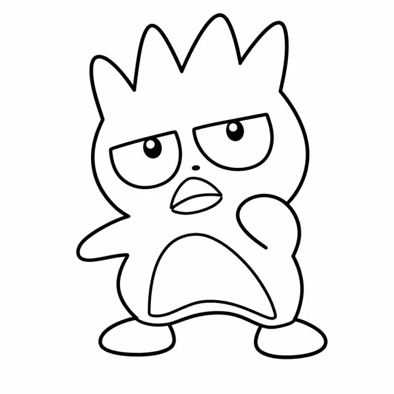 Badtz-Maru Sanrio black-and-white penguin with spiky hair and signature attitude pose, full body, black and white printable coloring page for kids